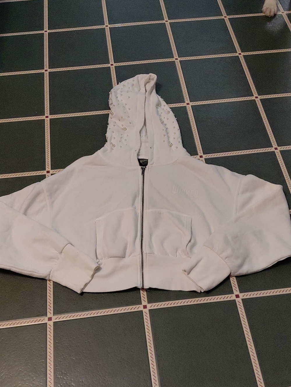 White Studded Hooded Zip-Up Sweatshirt